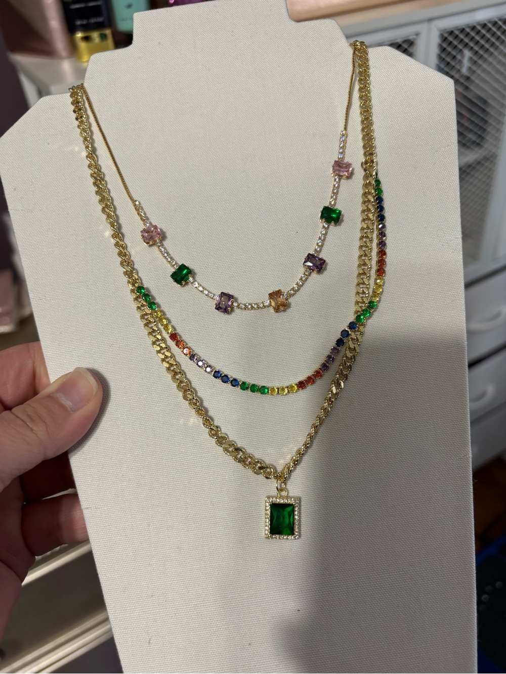 Gold Multicolor Layered Pendant Necklace set with Green Center Stone
